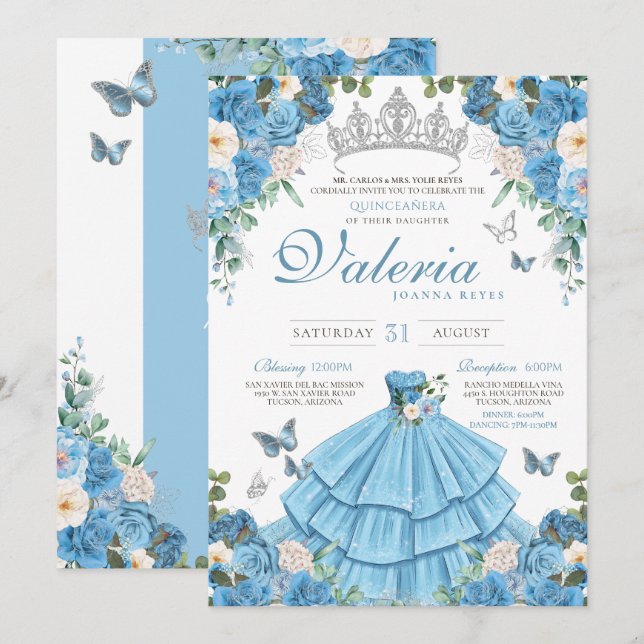 Invitation Cendrillon Bleu Argent papillon princesse Annivers (Devant / Derrière)