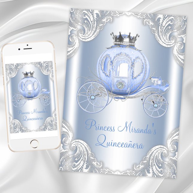 Invitation Cendrillon Bleu Argent Princesse Quinceanera (Cinderella princess birthday party invitation. Digital download and printed invitations available.)