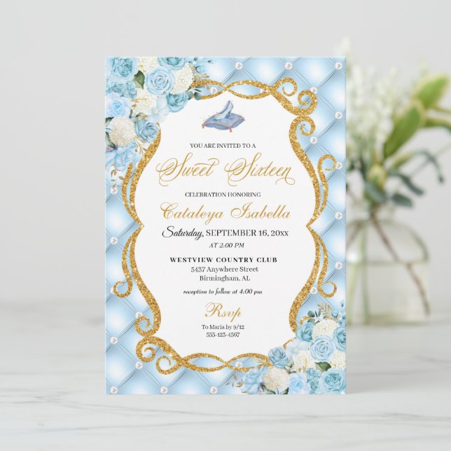 Invitation Cendrillon bleu Chaussure en verre Princesse Sweet (Debout devant)
