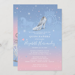 Invitation Cendrillon bleu clair et quinceanera rose