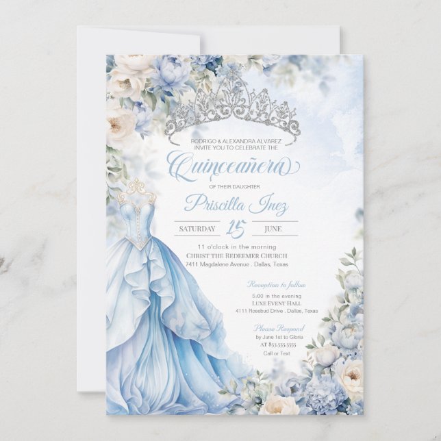 Invitation Cendrillon Bleu Élégant Gown Princesse Quinceanera (Devant)