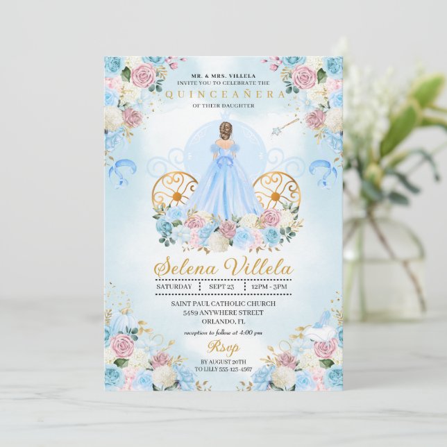 Invitation Cendrillon bleu et rose Carriage Quinceañera (Debout devant)