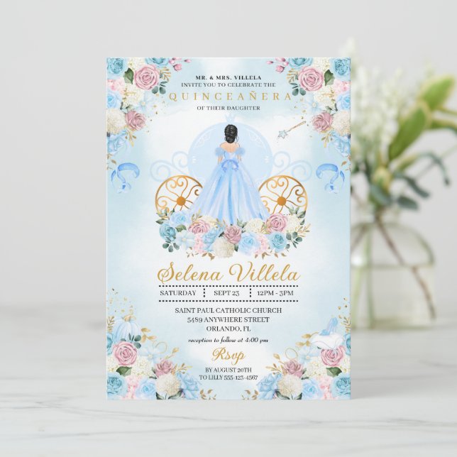 Invitation Cendrillon bleu et rose Carriage Quinceañera (Debout devant)