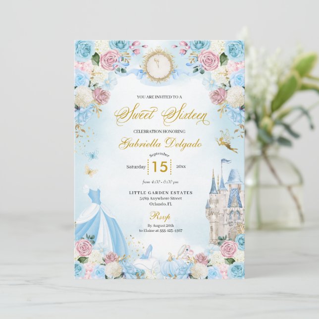 Invitation Cendrillon Bleu et rose Fairytale Princess Sweet 1 (Debout devant)