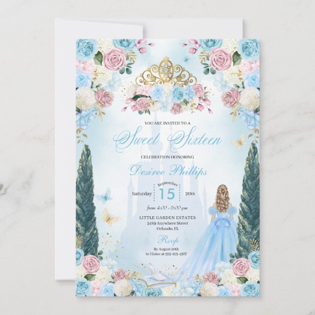 Invitation Cendrillon bleu et rose Fairytale Princess Sweet 1 (Devant)