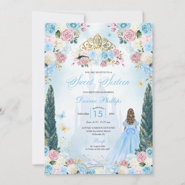 Invitation Cendrillon bleu et rose Fairytale Princess Sweet 1 (Devant)