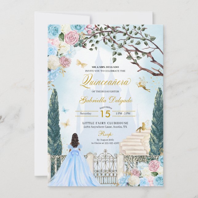 Invitation Cendrillon bleu et rose Jardin magique Quinceanera (Devant)