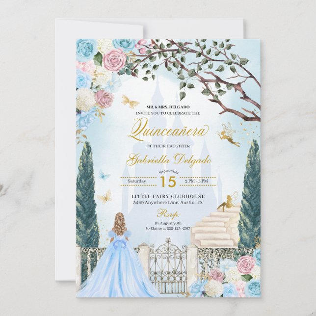 Invitation Cendrillon bleu et rose Jardin magique Quinceanera (Devant)