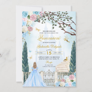 Invitation Cendrillon bleu et rose Jardin magique Quinceanera