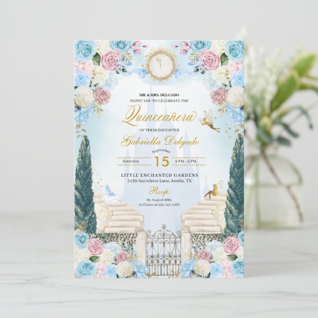 Invitation Cendrillon bleu et rose Princesse Fairy Quinceaner (Debout devant)