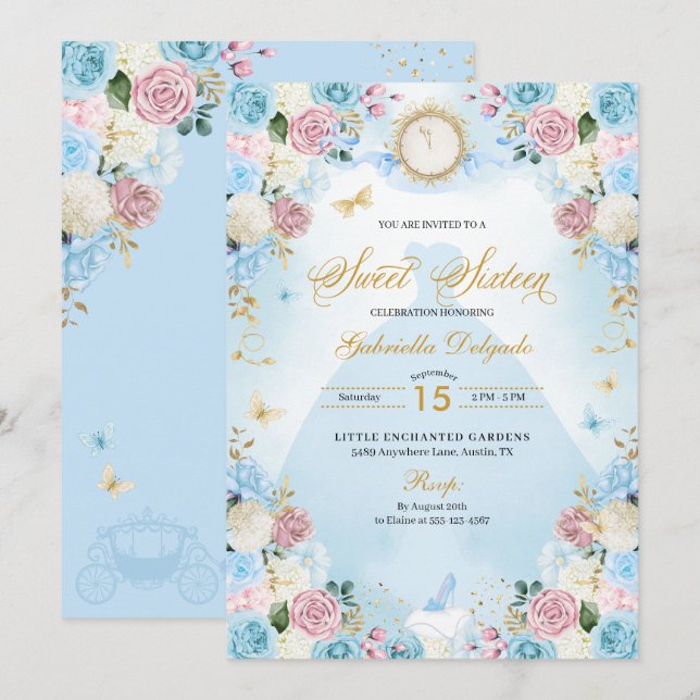 Invitation Cendrillon bleu et rose Princesse Robe douce 16 (Devant / Derrière)