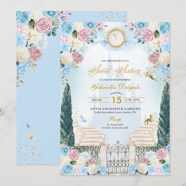 Invitation Cendrillon bleu et rose Princesse Sweet sixteen (Devant / Derrière)