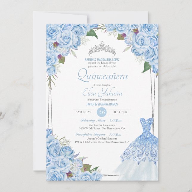 Invitation Cendrillon Bleu Glamour Quinceanera (Devant)
