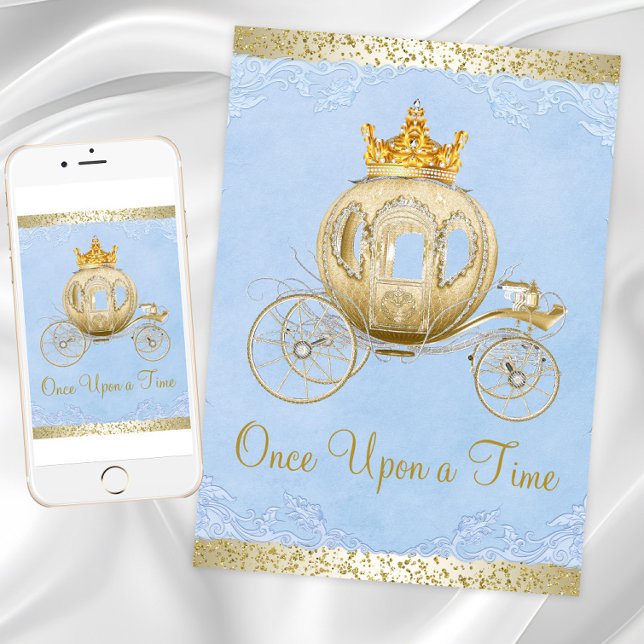 Invitation Cendrillon Bleu Il était une fois Princesse Annive (Cinderella birthday party invitation with gold carriage on a blue and gold background. Any occasion.)
