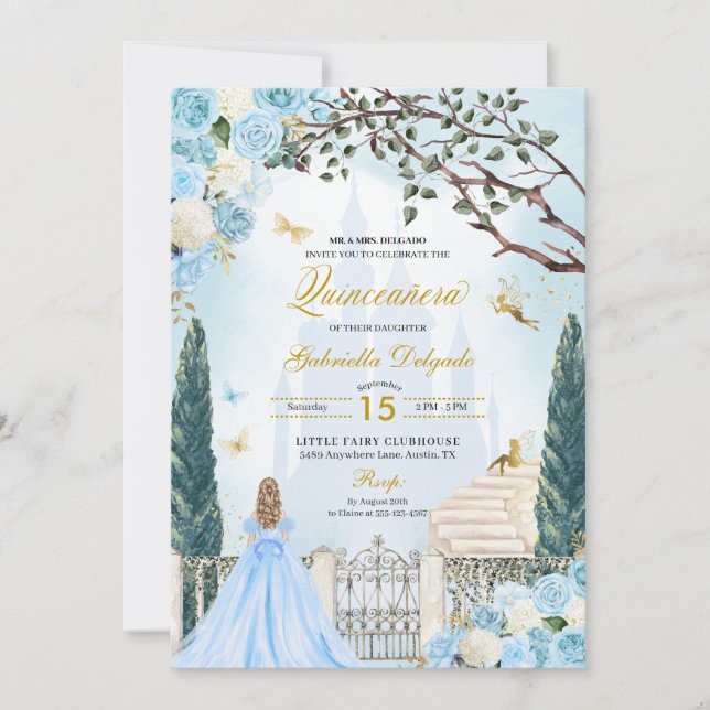 Invitation Cendrillon Bleu Jardin enchanté Quinceanera (Devant)