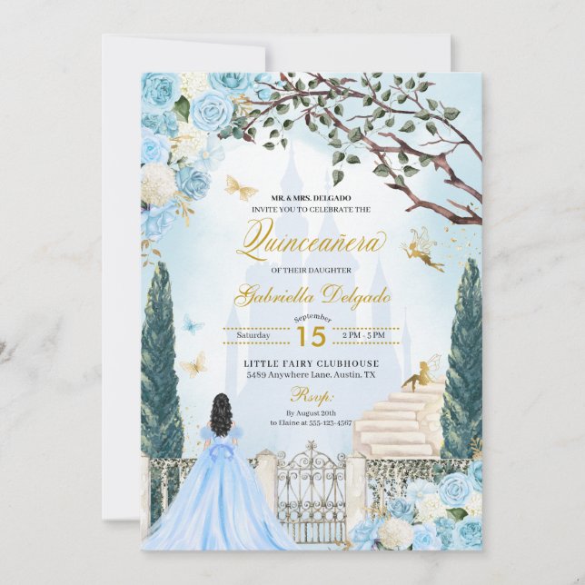 Invitation Cendrillon Bleu Jardin enchanté Quinceanera (Devant)