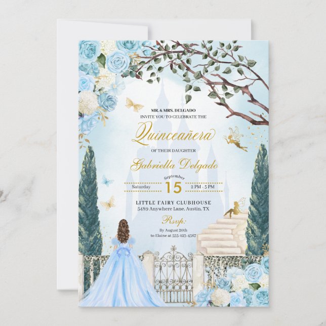 Invitation Cendrillon Bleu Jardin enchanté Quinceanera (Devant)