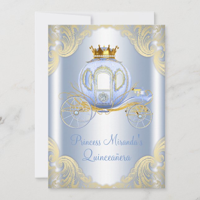 Invitation Cendrillon Bleu Or Princesse Quinceanera (Devant)
