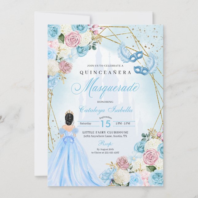 Invitation Cendrillon bleu rose pâle Masquerade Quinceanera (Devant)