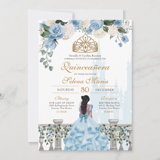 Invitation Cendrillon Bleu Roses & Or Princesse Quinceañera (Devant)