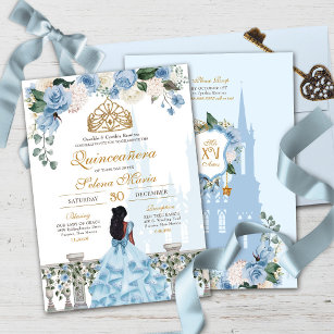 Invitation Cendrillon Bleu Roses & Or Princesse Quinceañera