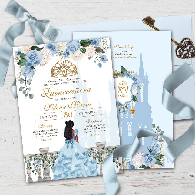 Invitation Cendrillon Bleu Roses & Or Princesse Quinceañera (Créateur téléchargé)