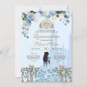 Invitation Cendrillon Bleu Roses & Or Princesse Quinceañera
