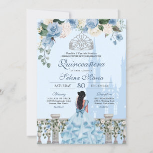Invitation Cendrillon Bleue Argent Royal Princesse Quinceaner