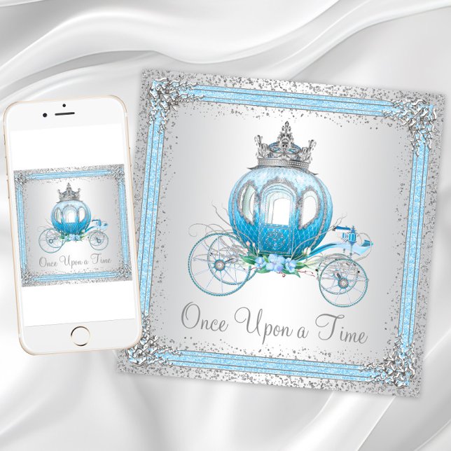 Invitation Cendrillon Bleue princesse fête d'anniversaire (Cinderella Blue Princess Birthday Party Invitation with carriage. Digital and print available.)