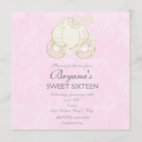 Invitation Cendrillon Carrosse Doré Princesse Rose