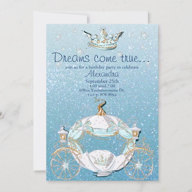 Invitation Cendrillon Conte de Fées Paillettes Bleu et Or (Devant)