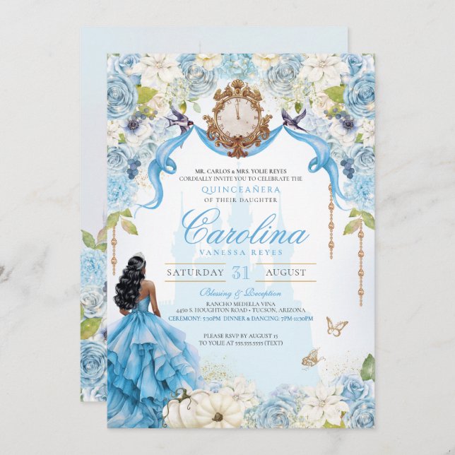 Invitation Cendrillon Elégant Rose Bleu Princesse Quinceanera (Devant / Derrière)