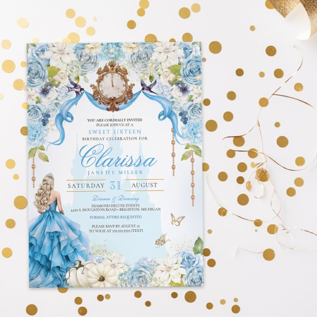 Invitation Cendrillon Princesse Bleu clair et or doux 16 (Créateur téléchargé)