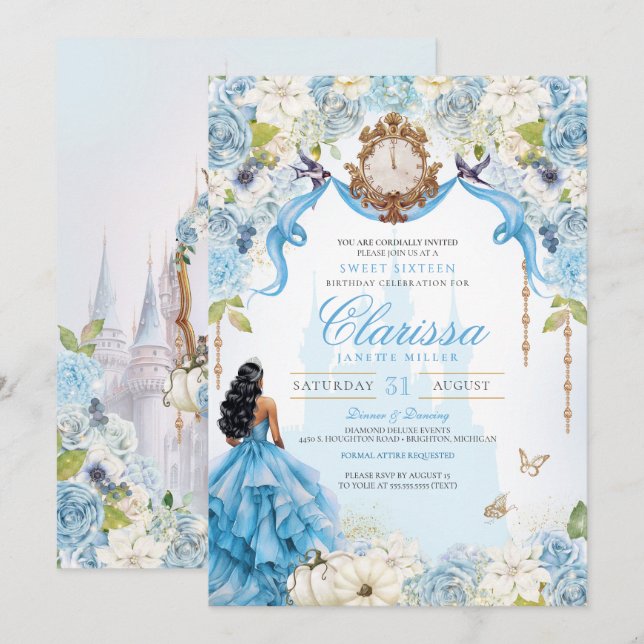 Invitation Cendrillon Princesse Bleu clair Royal Sweet 16 (Devant / Derrière)