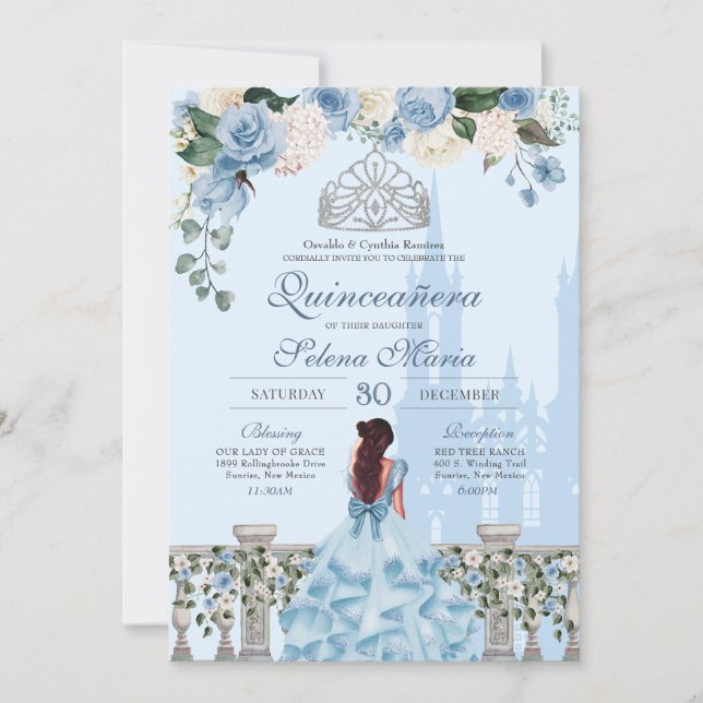 Invitation Cendrillon Rose bleu Silver Princesse Quinceañera (Devant)