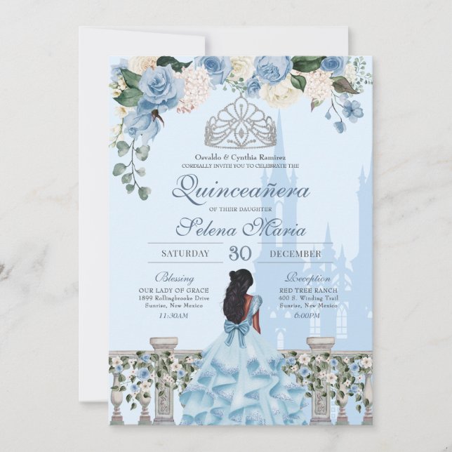 Invitation Cendrillon Rose bleu Silver Princesse Quinceañera (Devant)