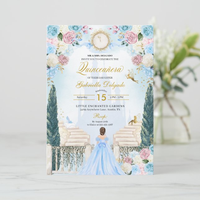 Invitation Cendrillon rose et bleu Princesse Fairy Quinceaner (Debout devant)