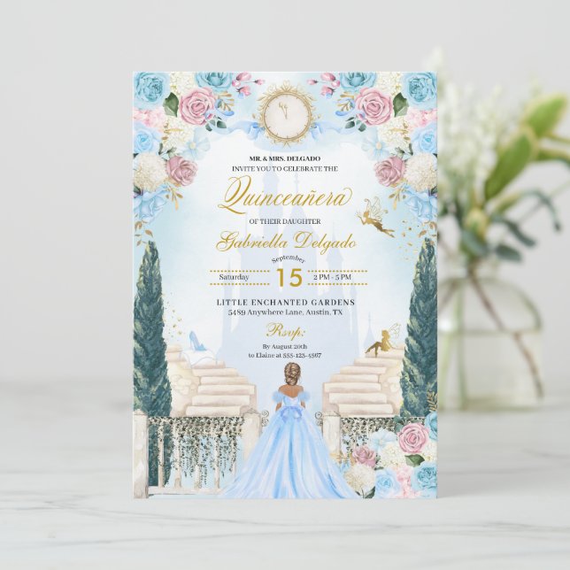 Invitation Cendrillon rose et bleu Princesse Fairy Quinceaner (Debout devant)