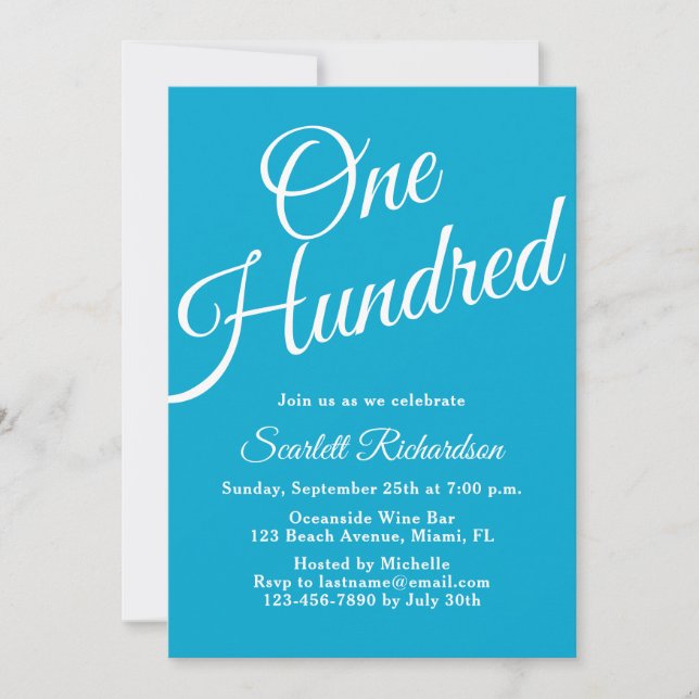 Invitation Cent Script Aqua Blue 100e fête d'anniversaire (Devant)