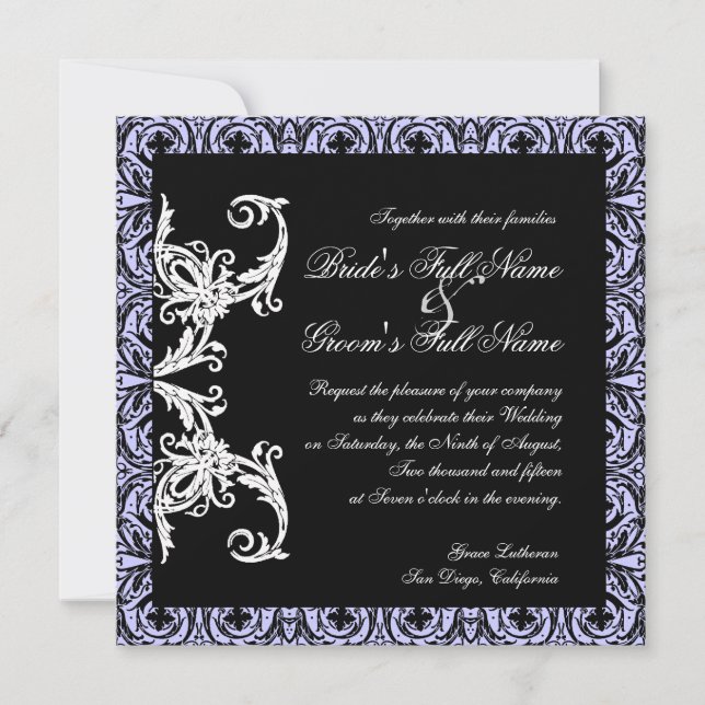 Invitation Cercle de lavande noir n blanc Mariage damassé (Devant)