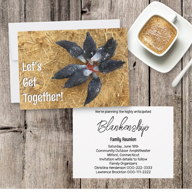 Invitation Cercle de poules noires et blanches mangeant de la (invitation front with envelope and invitation back with details)