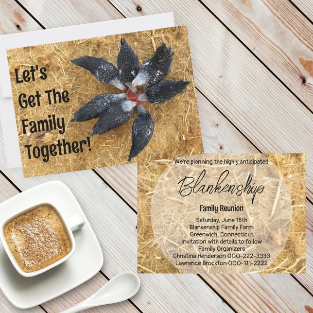 Invitation Cercle de poules noires et blanches mangeant de la (invitation front and back )