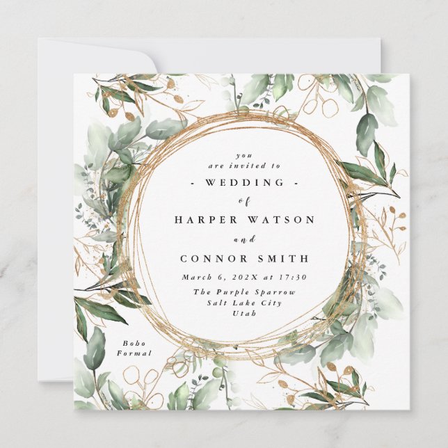 Invitation Cercle d'or blanc Frame Boho Botanical Eucalyptus (Devant)