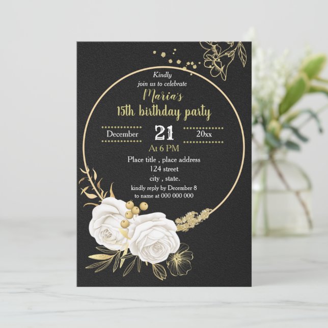 Invitation cercle floral blanc et or noir (Debout devant)