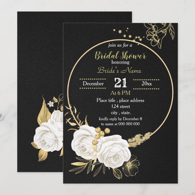 Invitation cercle floral blanc et or noir nage douche (Devant / Derrière)