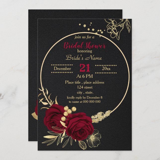 Invitation cercle floral or bordeaux noir douche nuptiale en (Devant / Derrière)
