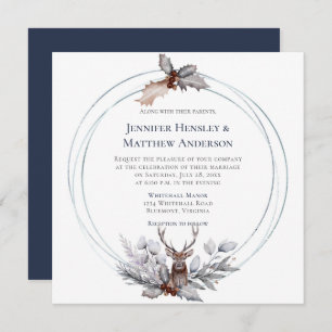 Invitation Cercle Frame Deer Antlers Holly Berry Mariage