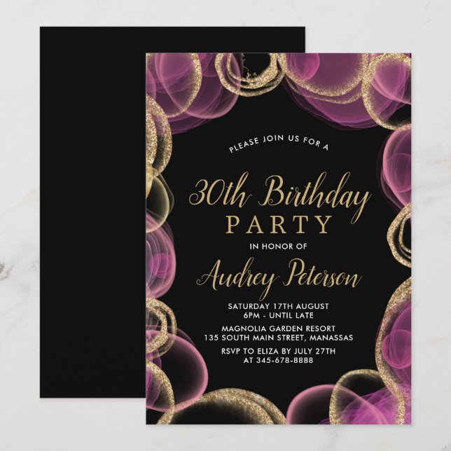 Invitation Cercle rose et or moderne Noir 30e anniversaire (Devant / Derrière)