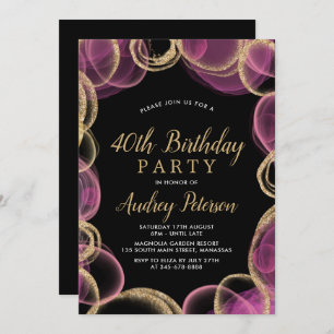 Invitation Cercle rose et or moderne Noir 40e anniversaire