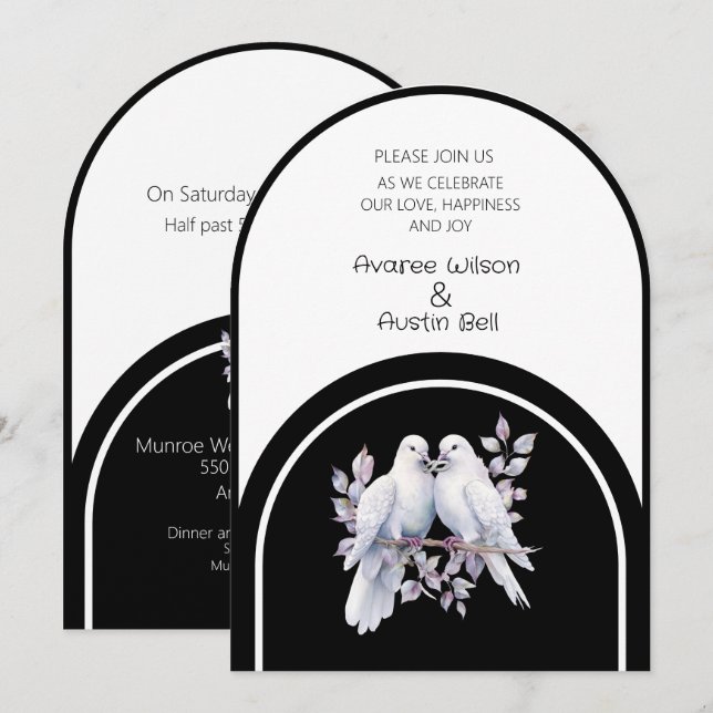 Invitation Cercles de colombes Noir et blanc Arches (Devant / Derrière)